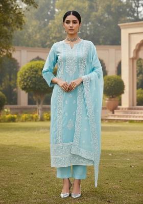 Sky Blue Embroidered Cotton Blend Dress Material