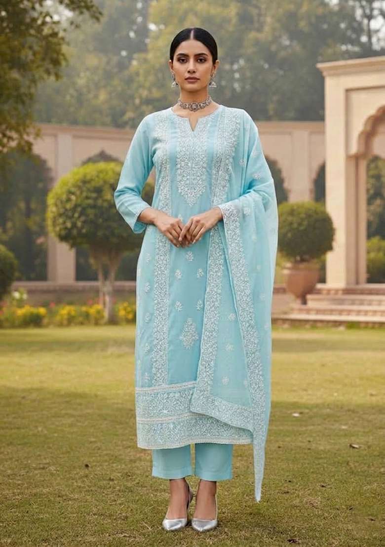 Sky Blue Embroidered Cotton Blend Dress Material - Indya