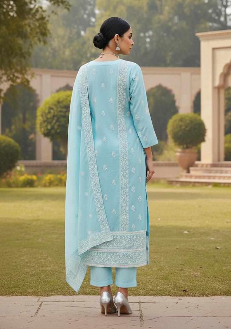 Sky Blue Embroidered Cotton Blend Dress Material - Indya