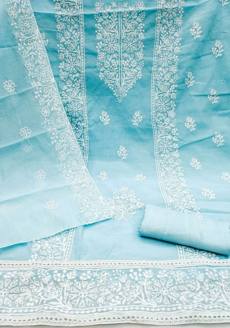 Sky Blue Embroidered Cotton Blend Dress Material - Indya