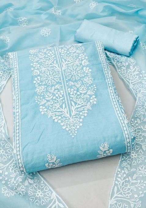 Sky Blue Embroidered Cotton Blend Dress Material