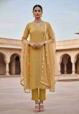 Beige Embroidered Georgette Dress Material