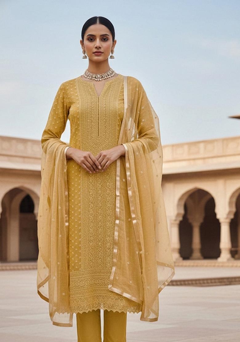 Beige Embroidered Georgette Dress Material - Indya