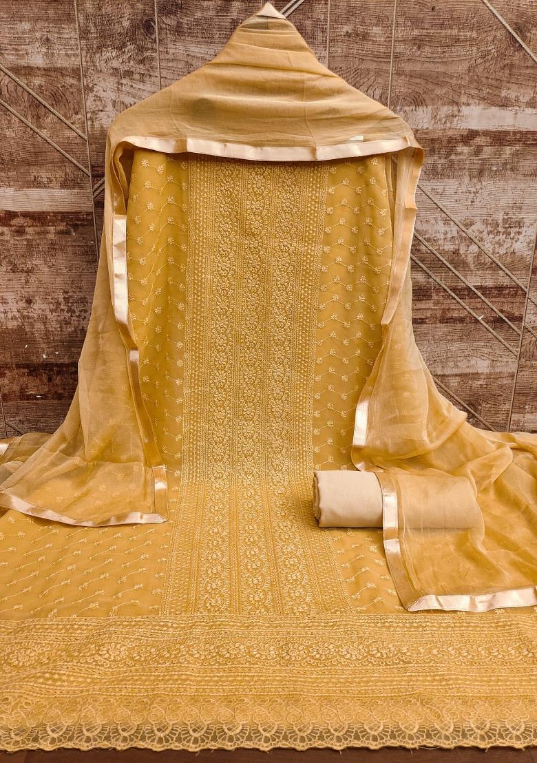 Beige Embroidered Georgette Dress Material - Indya