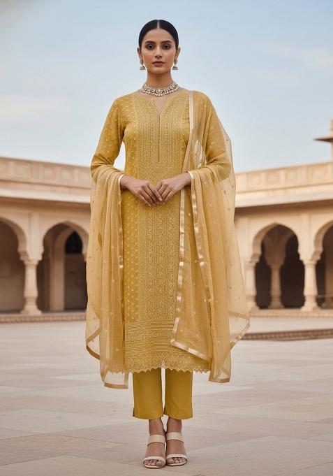Beige Embroidered Georgette Dress Material