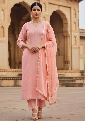 Peach Embroidered Georgette Dress Material