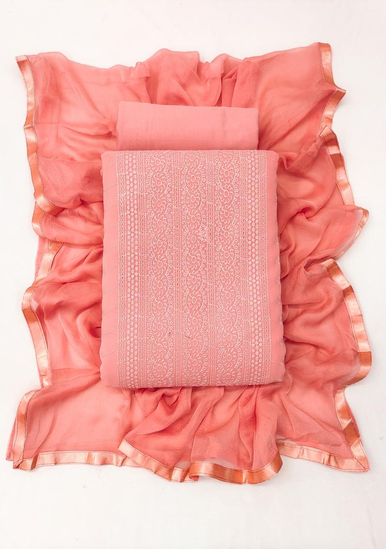 Peach Embroidered Georgette Dress Material - Indya