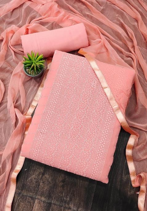 Peach Embroidered Georgette Dress Material