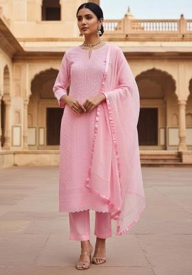 Pink Embroidered Georgette Dress Material