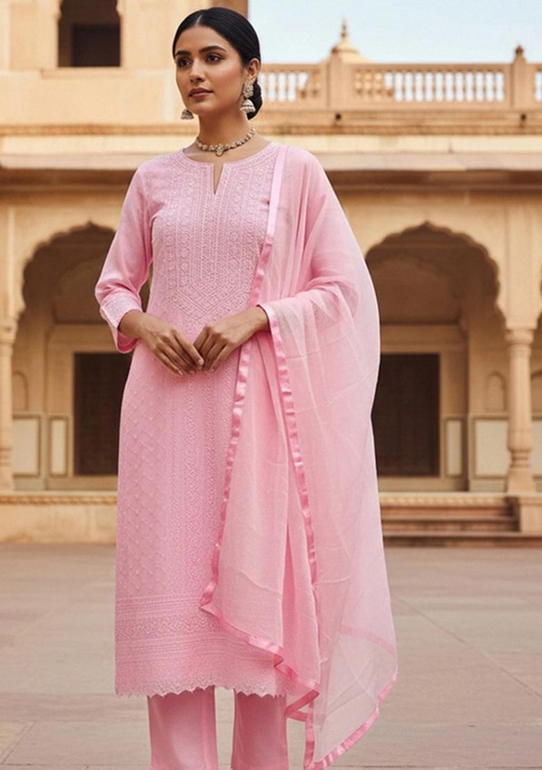 Pink Embroidered Georgette Dress Material - Indya
