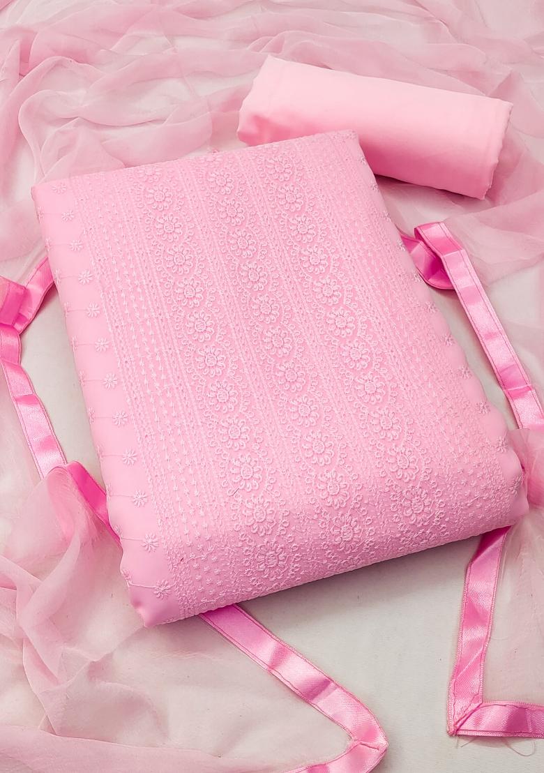 Pink Embroidered Georgette Dress Material - Indya