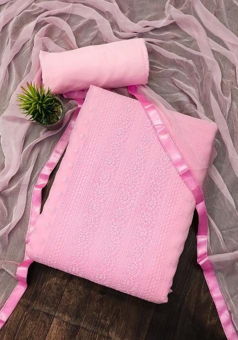 Pink Embroidered Georgette Dress Material