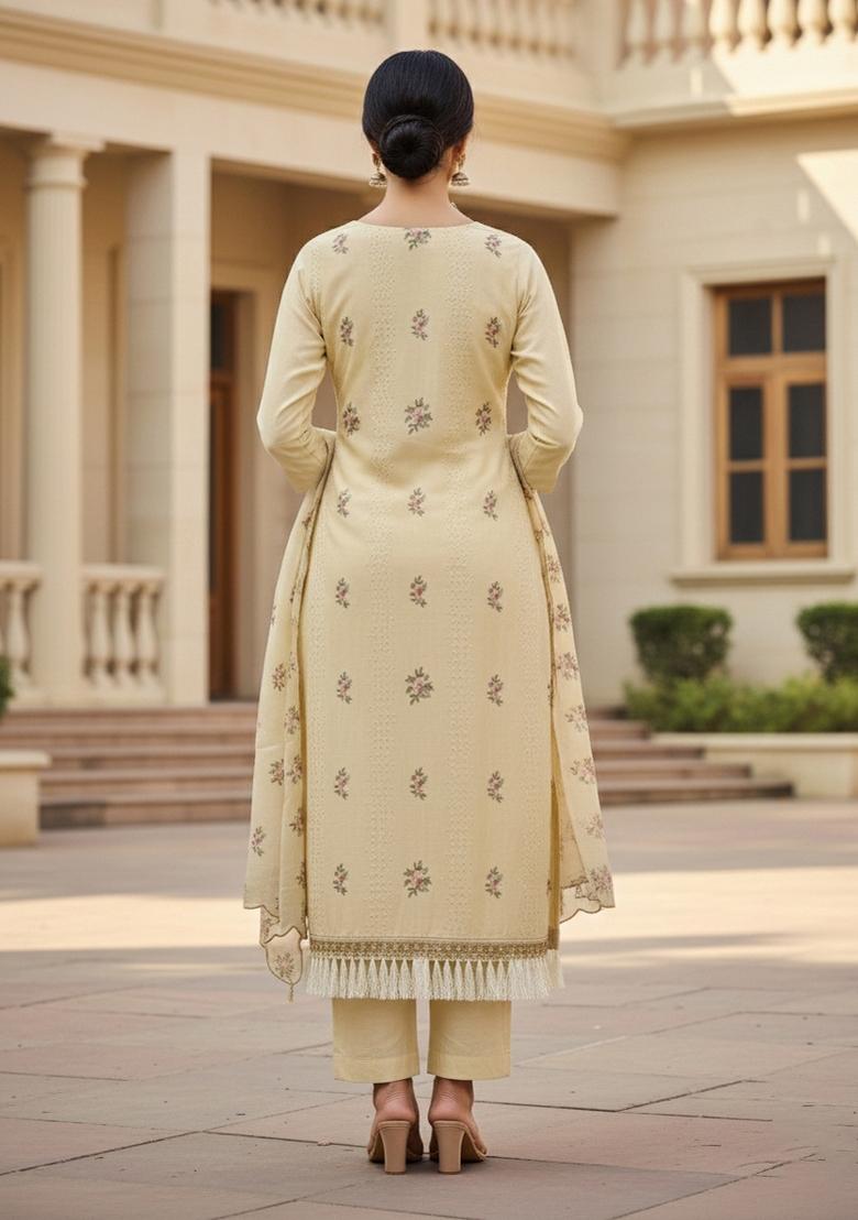 Beige Embroidered Cotton Blend Dress Material - Indya