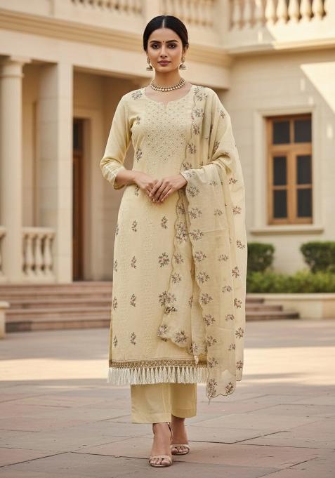 Beige Embroidered Cotton Blend Dress Material