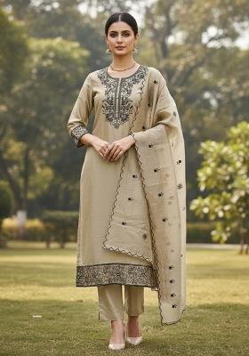 Beige Embroidered Cotton Blend Dress Material
