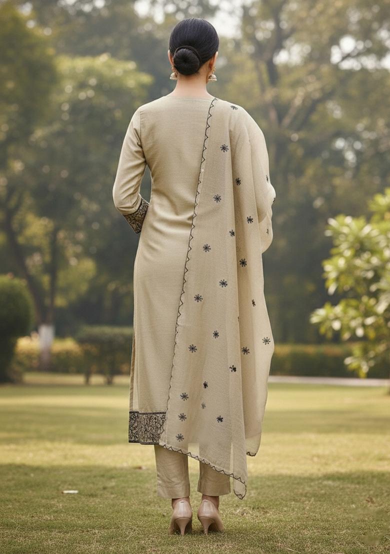Beige Embroidered Cotton Blend Dress Material - Indya