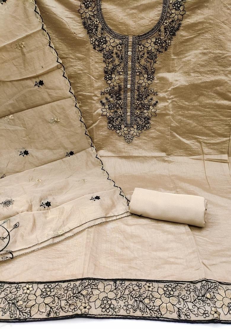 Beige Embroidered Cotton Blend Dress Material - Indya