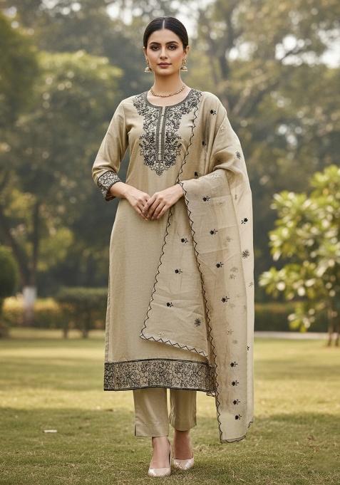 Beige Embroidered Cotton Blend Dress Material