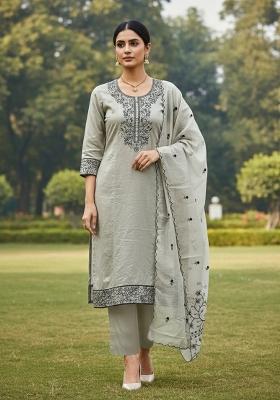 Grey Embroidered Cotton Blend Dress Material