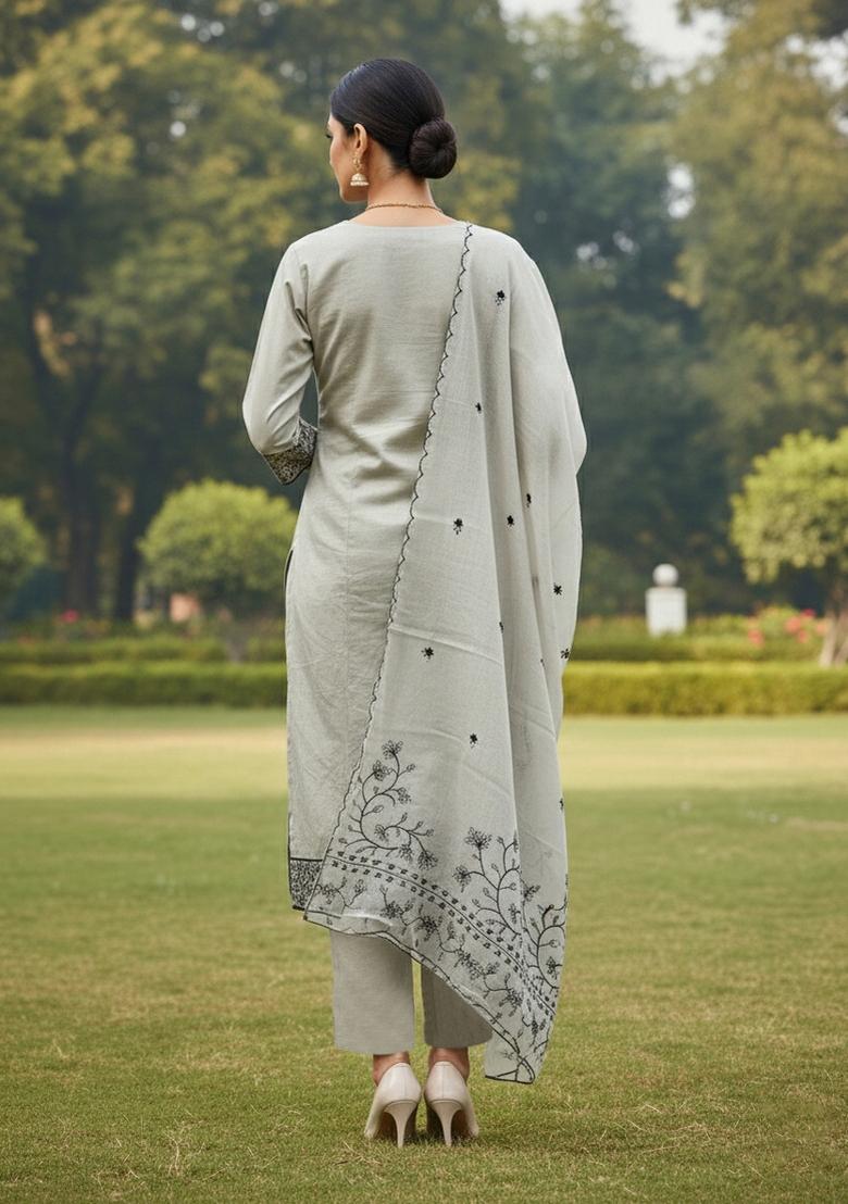 Grey Embroidered Cotton Blend Dress Material - Indya