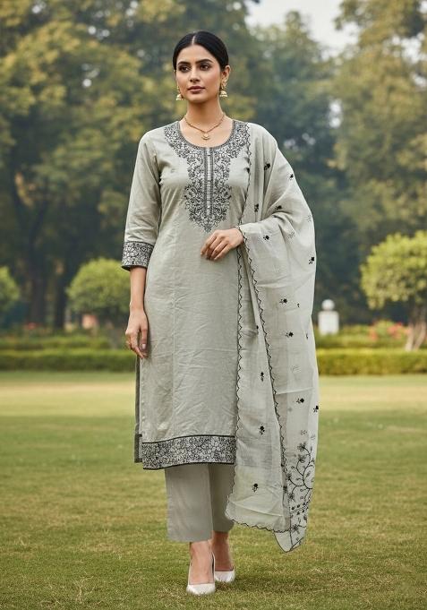 Grey Embroidered Cotton Blend Dress Material