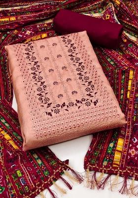 Peach Embroidered Silk Dress Material