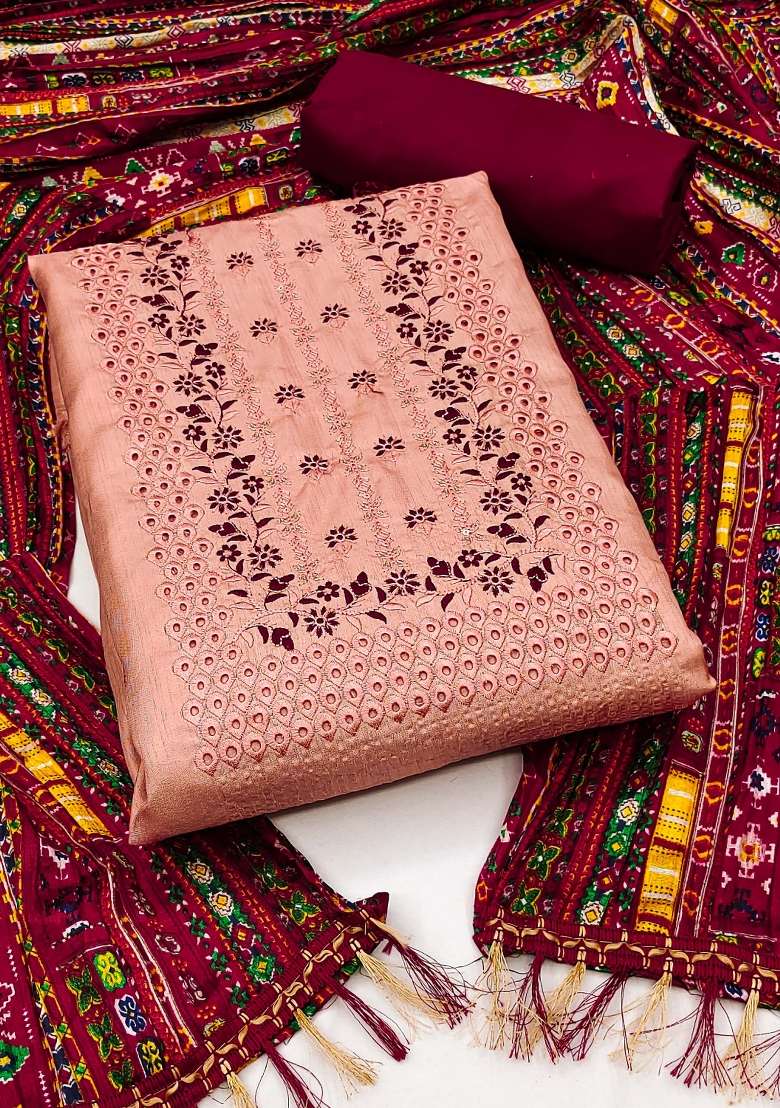 Peach Embroidered Silk Dress Material - Indya