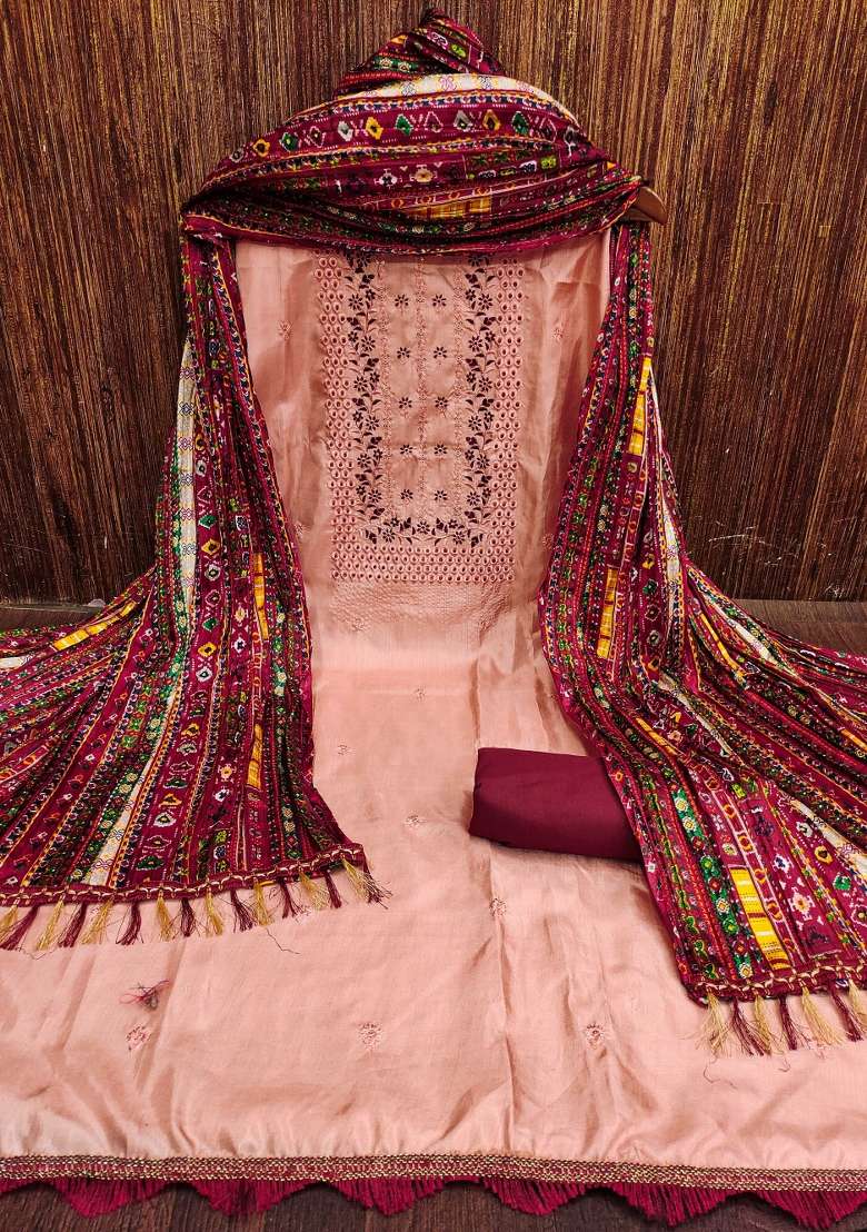 Peach Embroidered Silk Dress Material - Indya