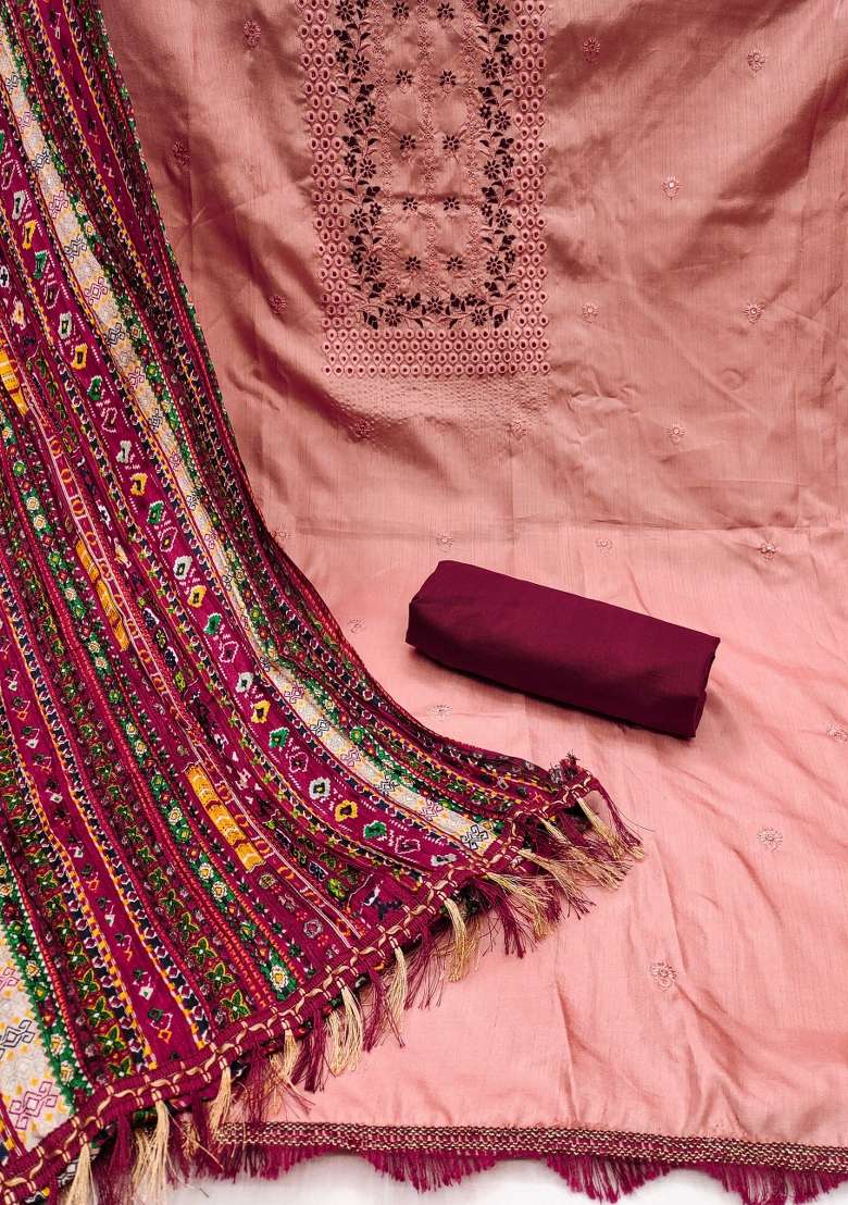 Peach Embroidered Silk Dress Material - Indya