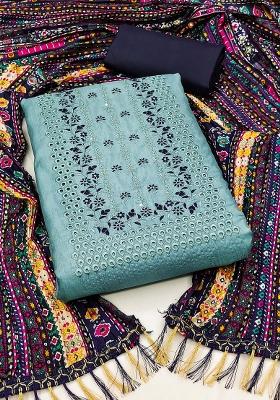 Sea Green Embroidered Silk Dress Material