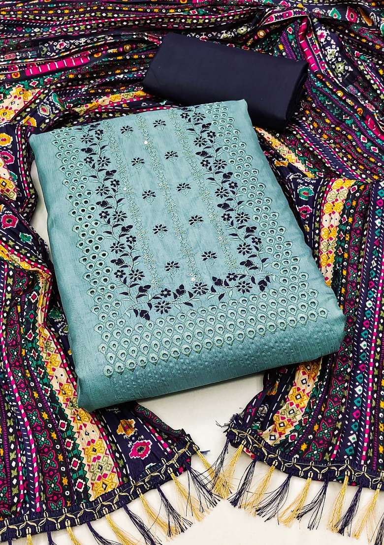 Sea Green Embroidered Silk Dress Material - Indya