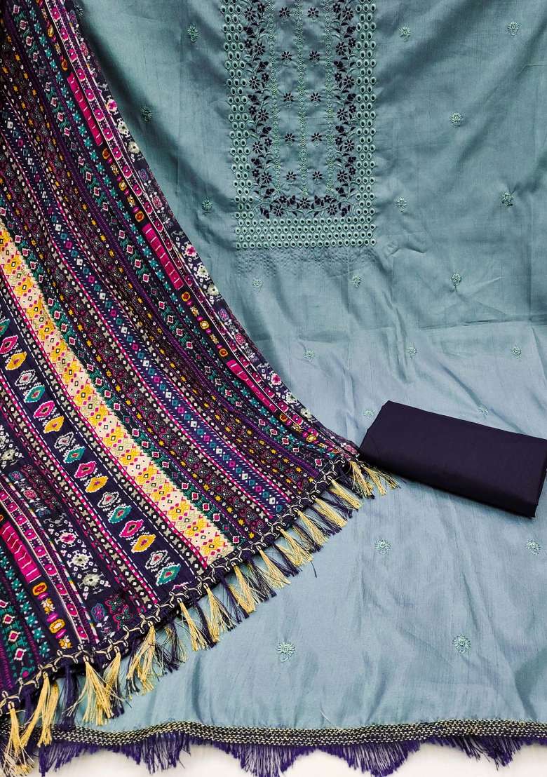 Sea Green Embroidered Silk Dress Material - Indya