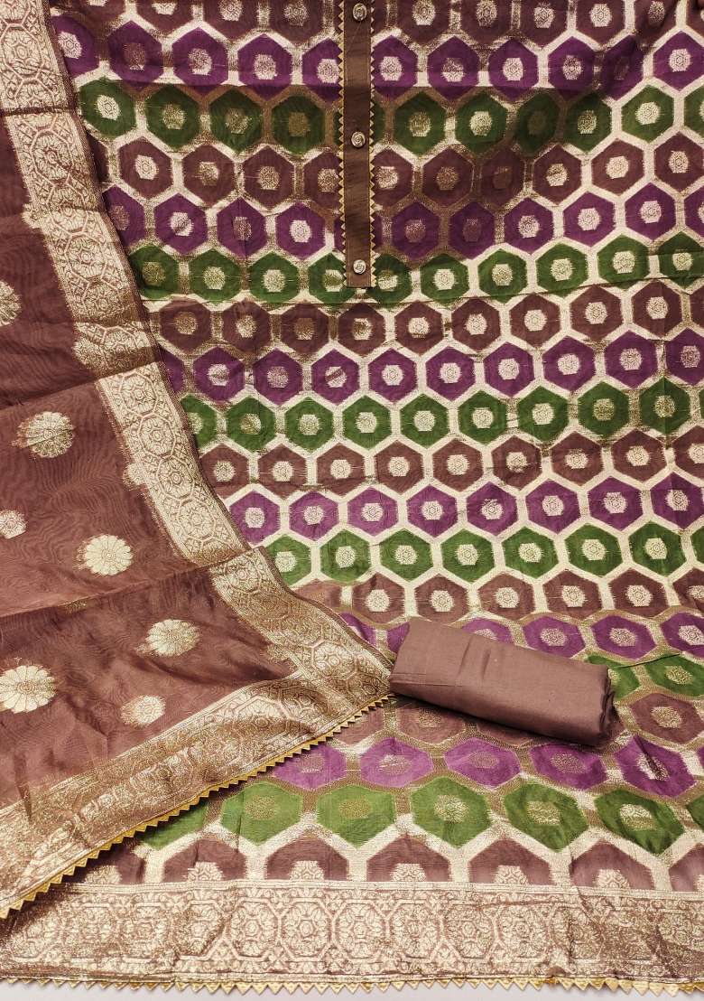 Purple Jacquard Organza Straight Kurta Set - Indya