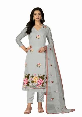 Grey Embroidered Silk Dress Material