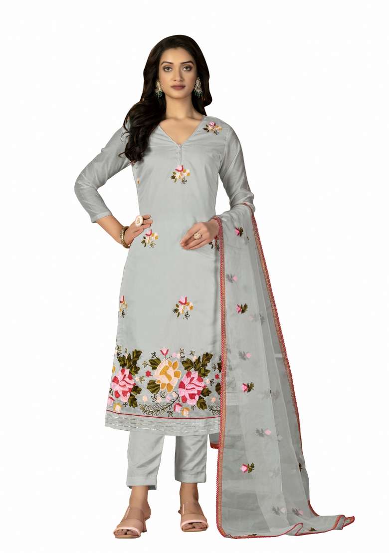 Grey Embroidered Silk Blend Straight Kurta Set - Indya