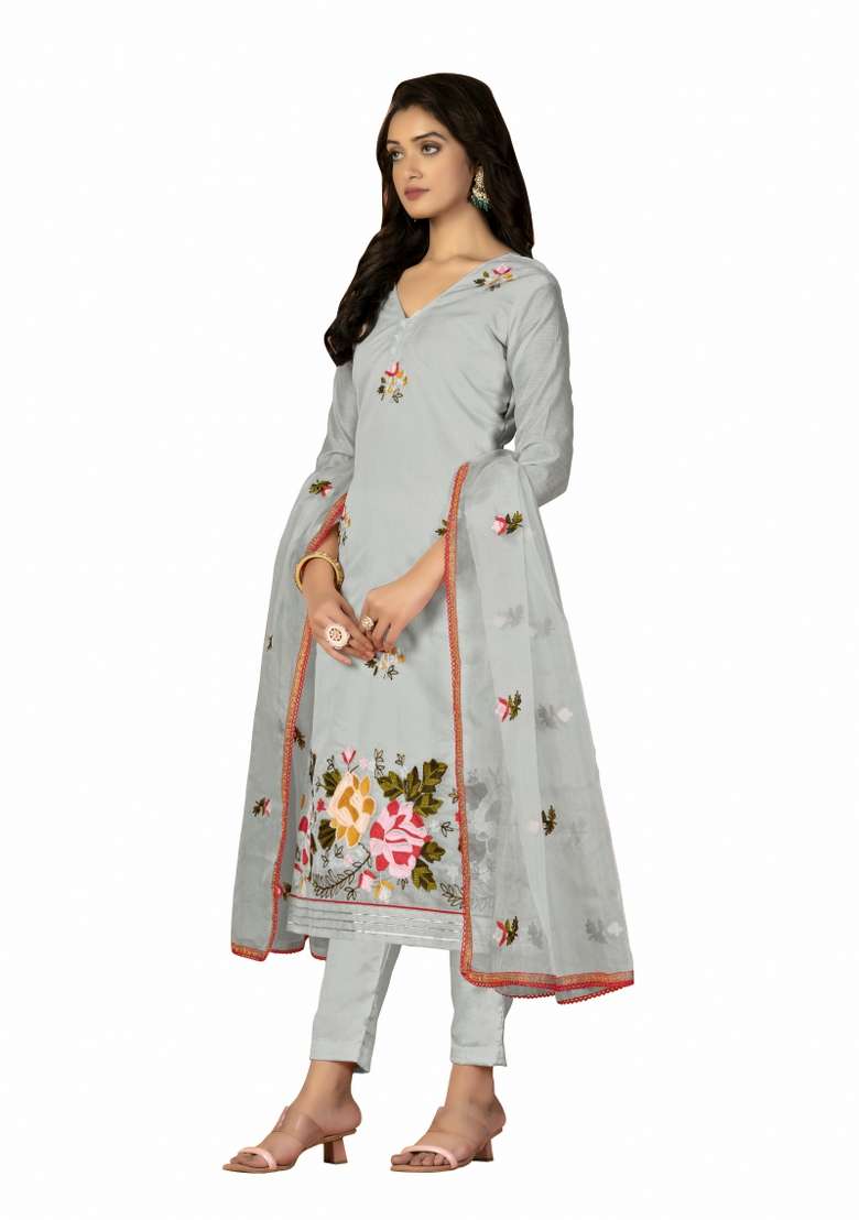 Grey Embroidered Silk Blend Straight Kurta Set - Indya