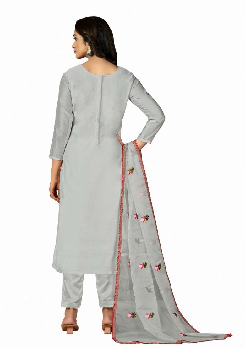 Grey Embroidered Silk Blend Straight Kurta Set - Indya