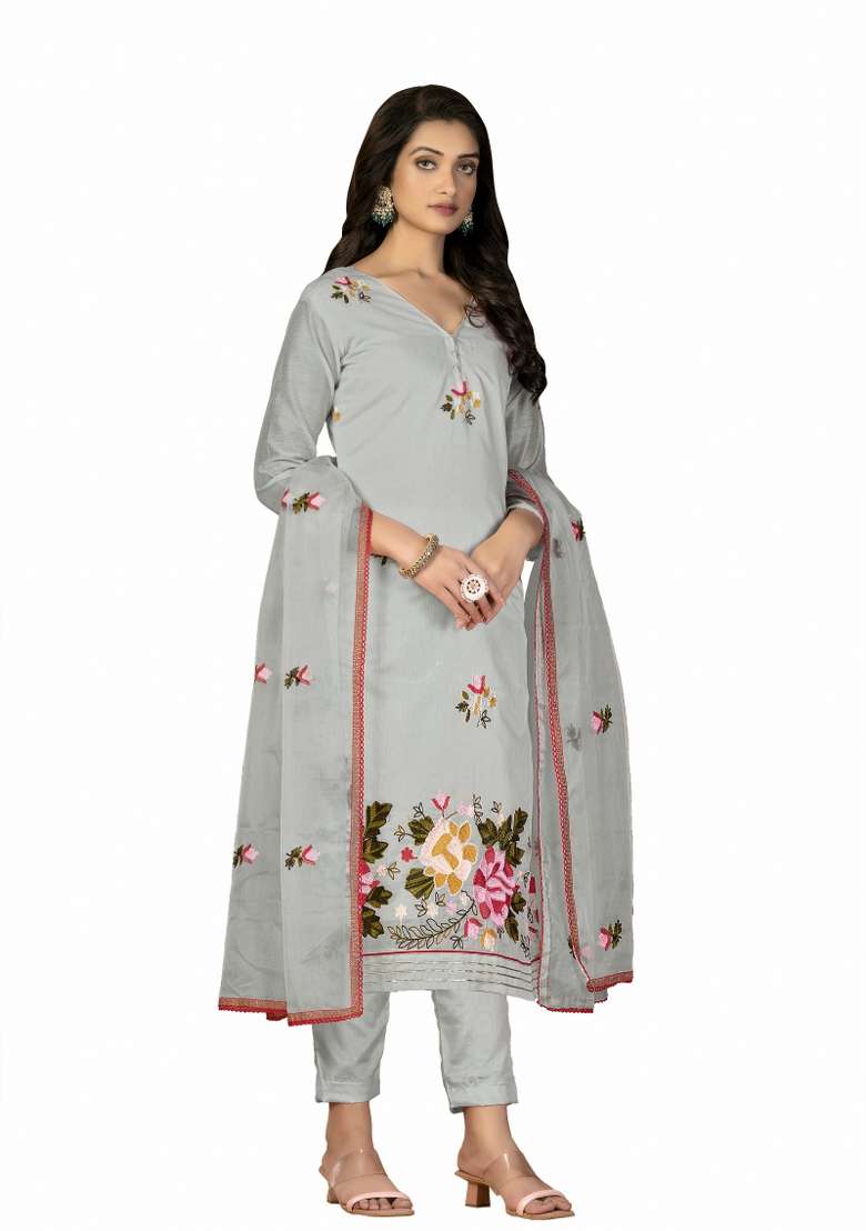 Grey Embroidered Silk Blend Straight Kurta Set - Indya