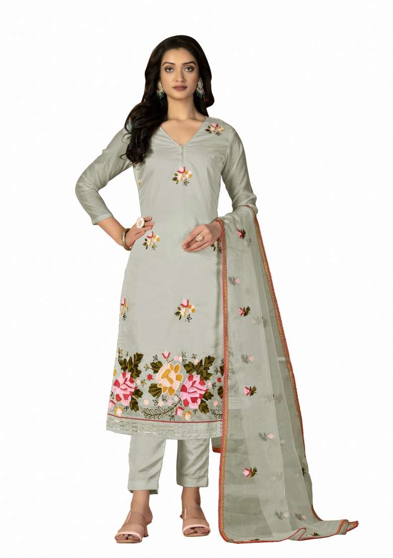 Light Green Embroidered Silk Blend Pakistani Suit Set - Indya