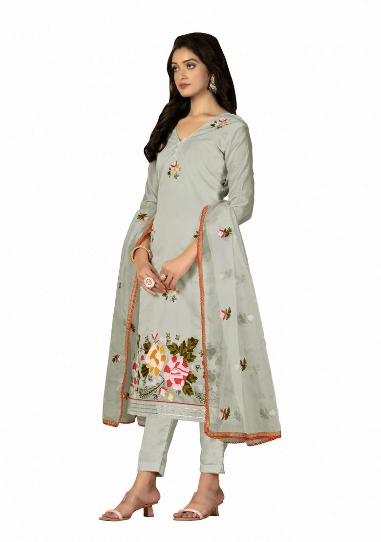 Light Green Embroidered Silk Blend Pakistani Suit Set - Indya
