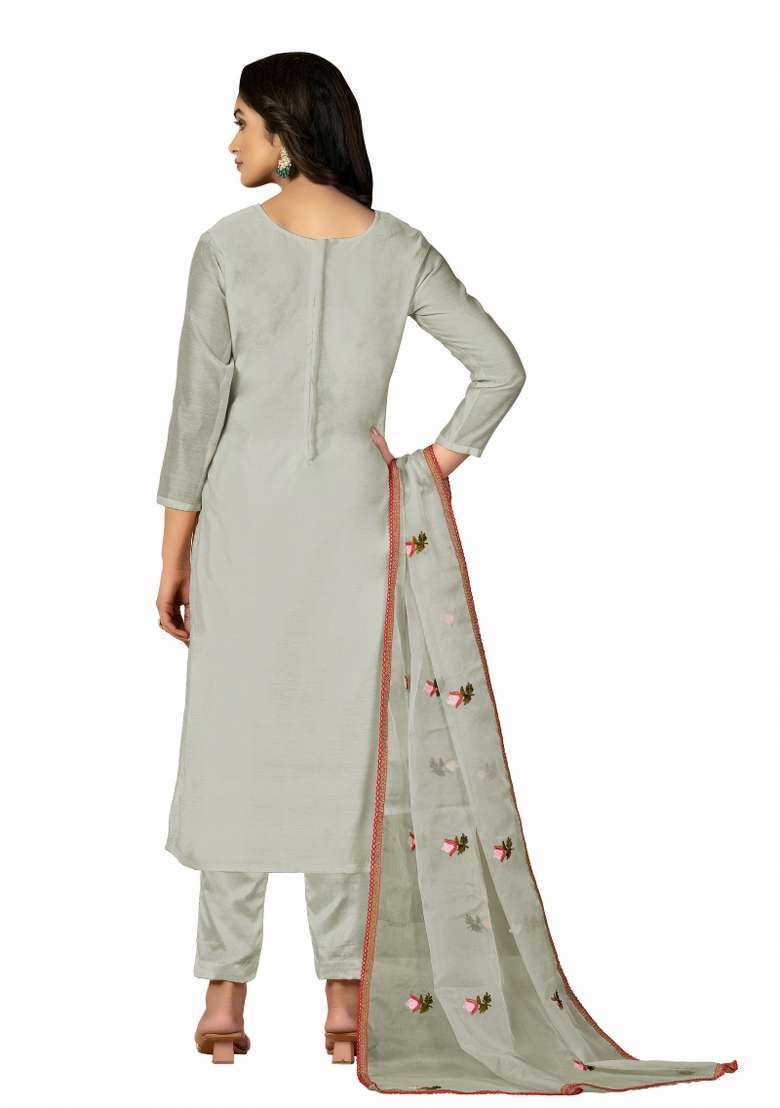 Light Green Embroidered Silk Blend Pakistani Suit Set - Indya
