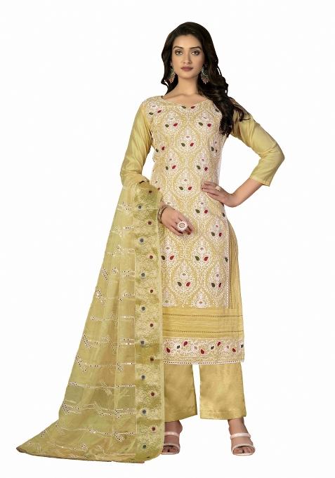Yellow Embroidered Silk Dress Material