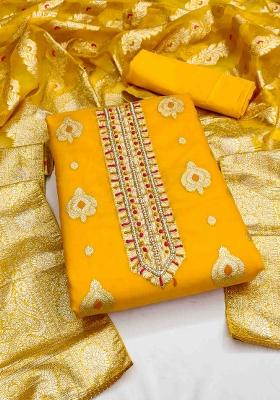 Yellow Embroidered Oragnza Dress Material