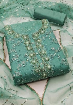 Sea Green Embroidered Oragnza Dress Material