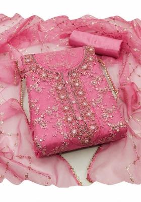 Pink Embroidered Oragnza Dress Material