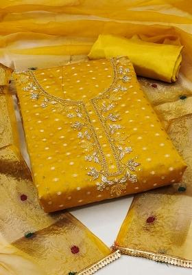 Mustard Embroidered Cotton Blend Dress Material