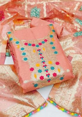 Peach Embroidered Oragnza Dress Material