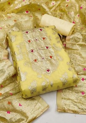 Yellow Embroidered Jacquard Dress Material