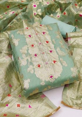 Sea Green Embroidered Jacquard Dress Material