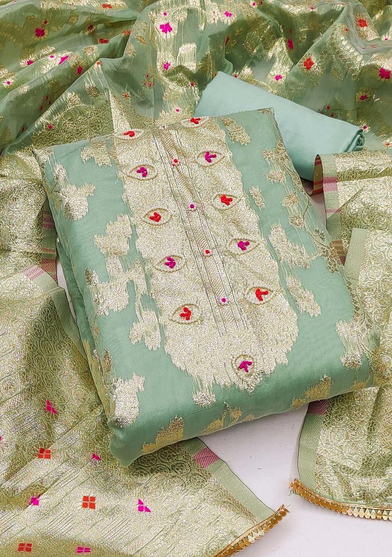 Sea Green Embroidered Jacquard Dress Material